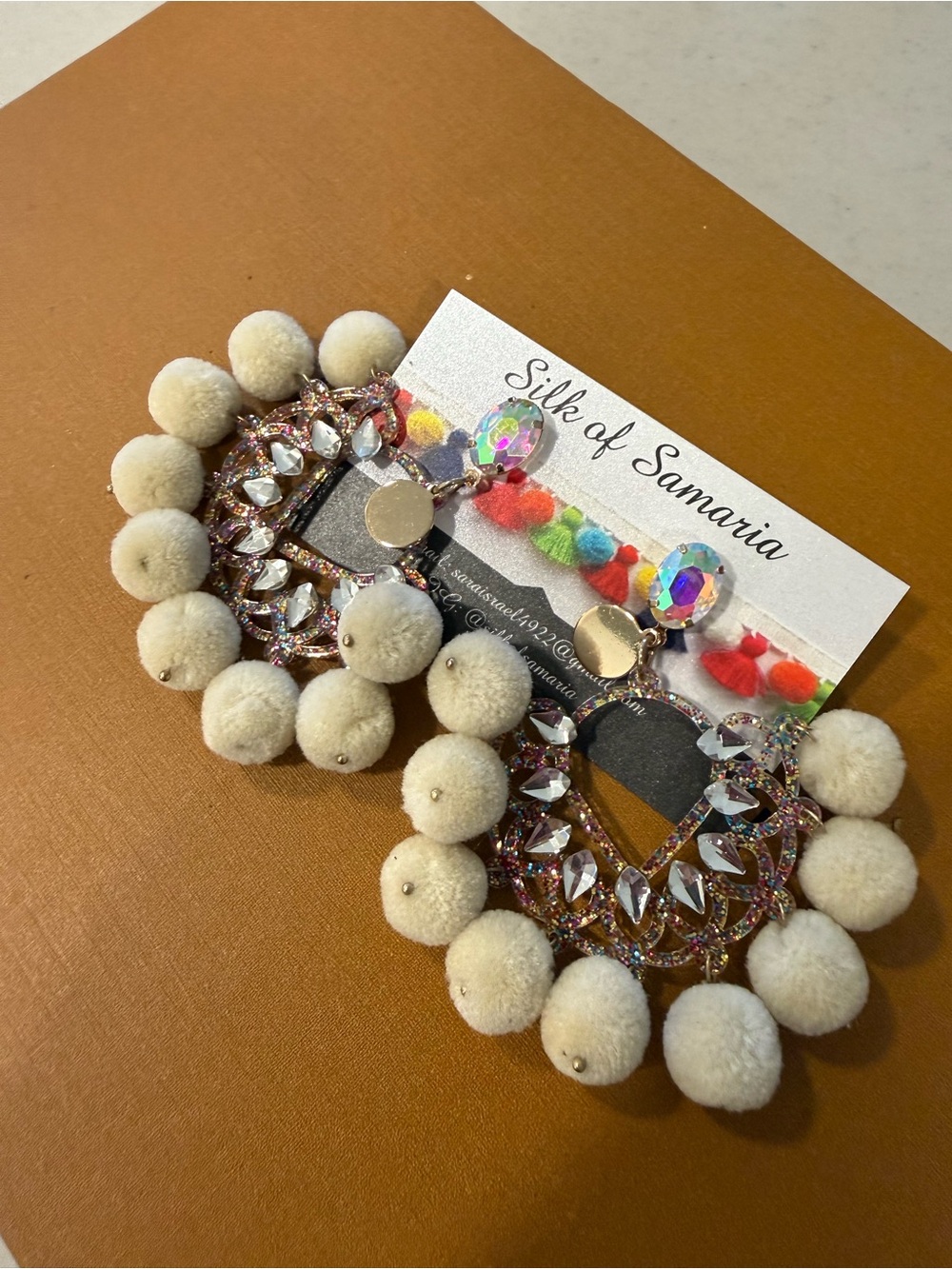 Silk of Samaria Statement Pom Pom Crystal Earrings - Cream